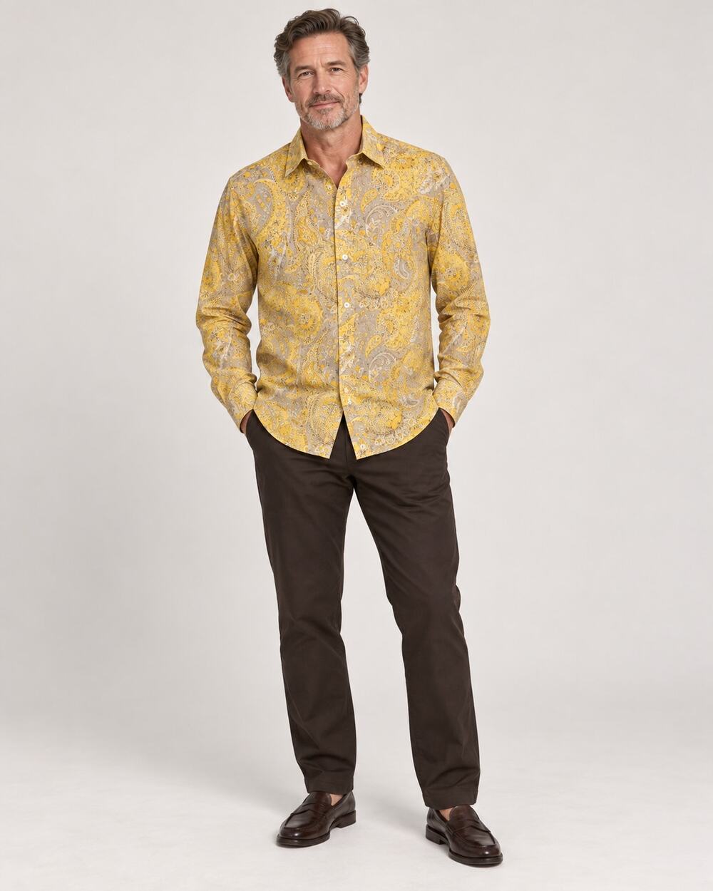 Vintage 1970s Custom Yellow Paisley Cotton Dagger Collar Shirt Men’s L